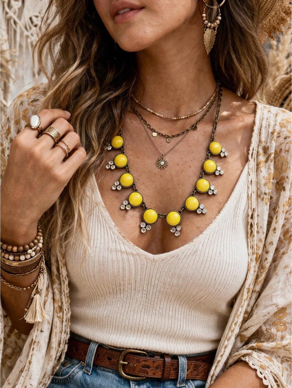 Plunder Ginger Necklace Antique Brass Yellow Beads Teardrop Pendant NWOT Boho